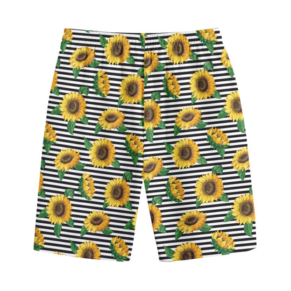 Stripe Sunflower Pattern Print Cotton Shorts