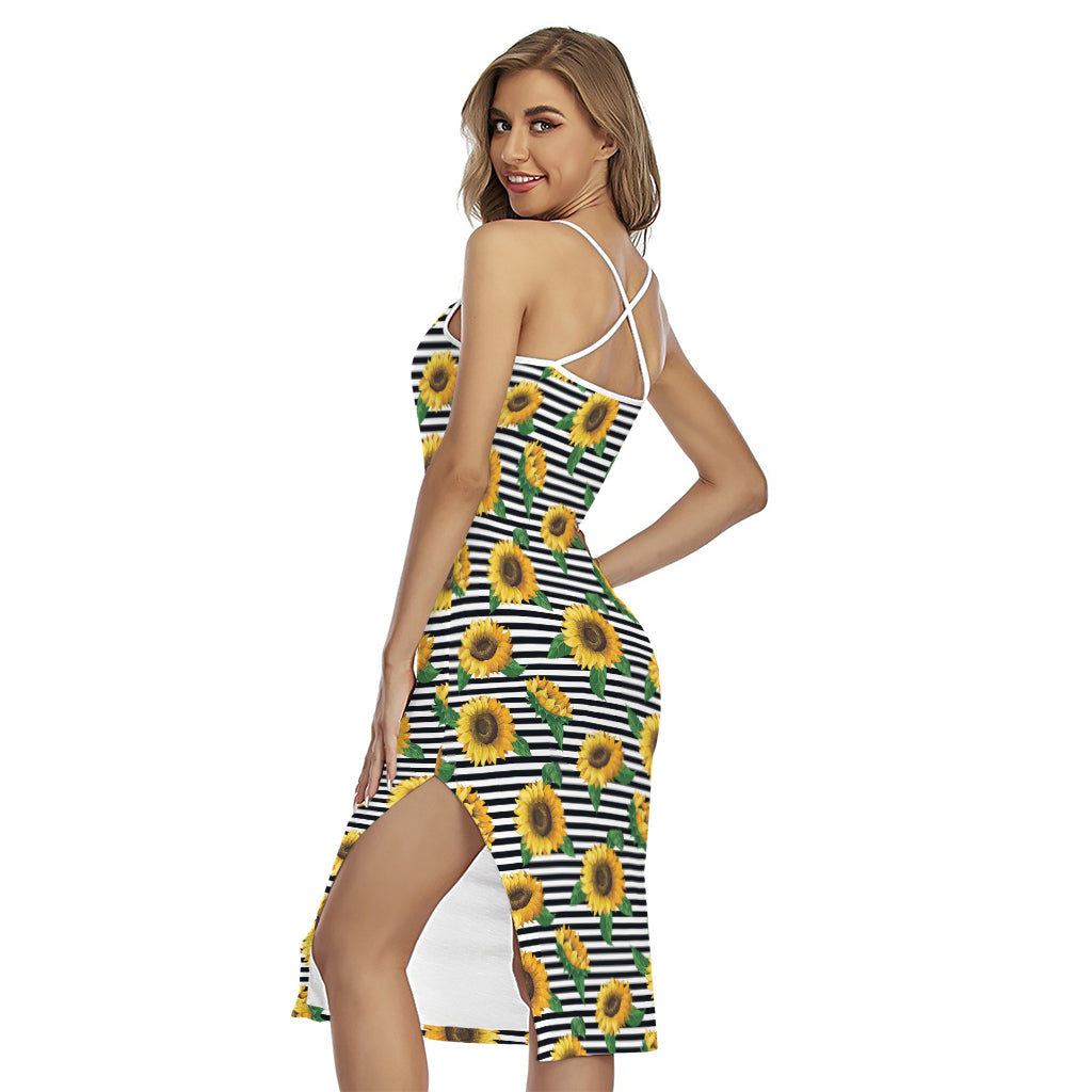 Stripe Sunflower Pattern Print Cross Back Cami Dress