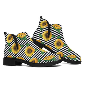 Stripe Sunflower Pattern Print Flat Ankle Boots