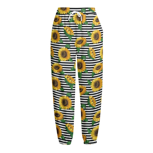 Stripe Sunflower Pattern Print Fleece Lined Knit Pants
