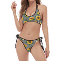 Stripe Sunflower Pattern Print Halter Scoop Tie Side Bikini