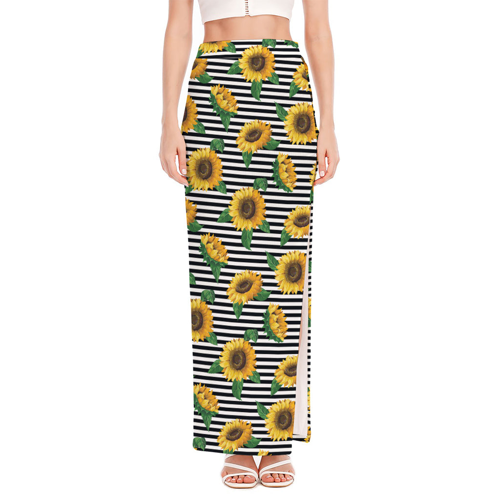 Stripe Sunflower Pattern Print High Slit Maxi Skirt