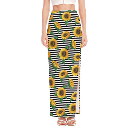 Stripe Sunflower Pattern Print High Slit Maxi Skirt