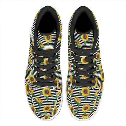 Stripe Sunflower Pattern Print High Top Leather Sneakers