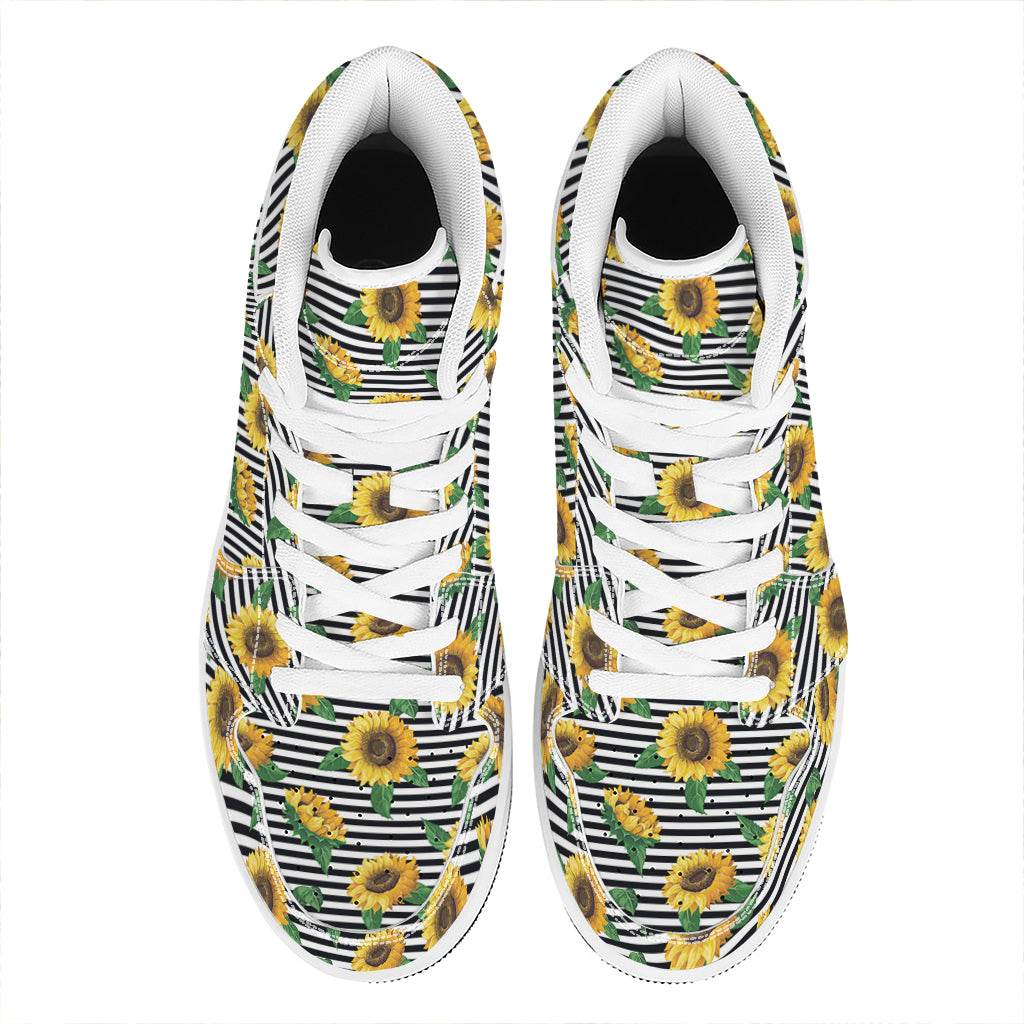Stripe Sunflower Pattern Print High Top Leather Sneakers