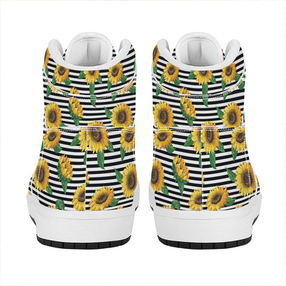 Stripe Sunflower Pattern Print High Top Leather Sneakers