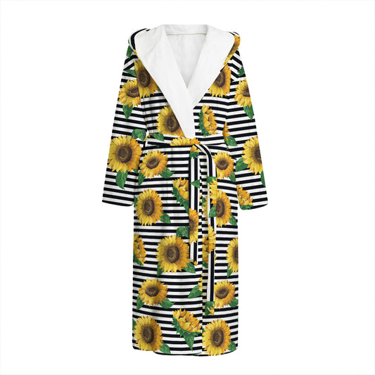 Stripe Sunflower Pattern Print Hooded Bathrobe