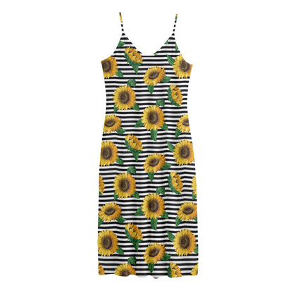 Stripe Sunflower Pattern Print Jersey Midi Cami Dress