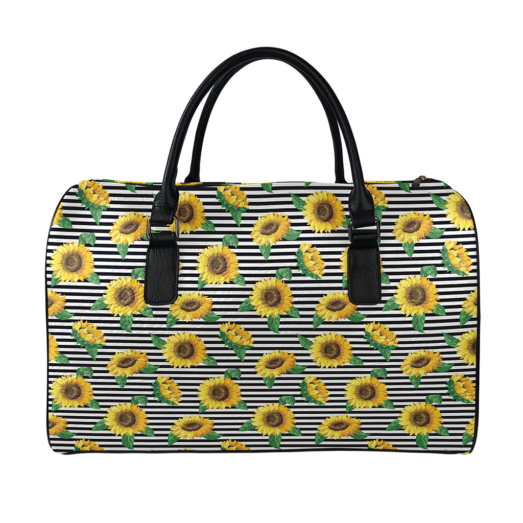 Stripe Sunflower Pattern Print Leather Duffle Bag