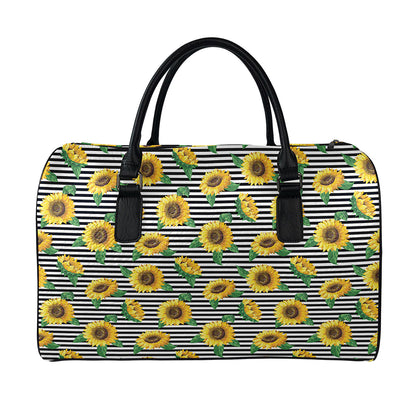 Stripe Sunflower Pattern Print Leather Duffle Bag
