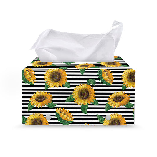 Stripe Sunflower Pattern Print Leather Tissue Box Cover