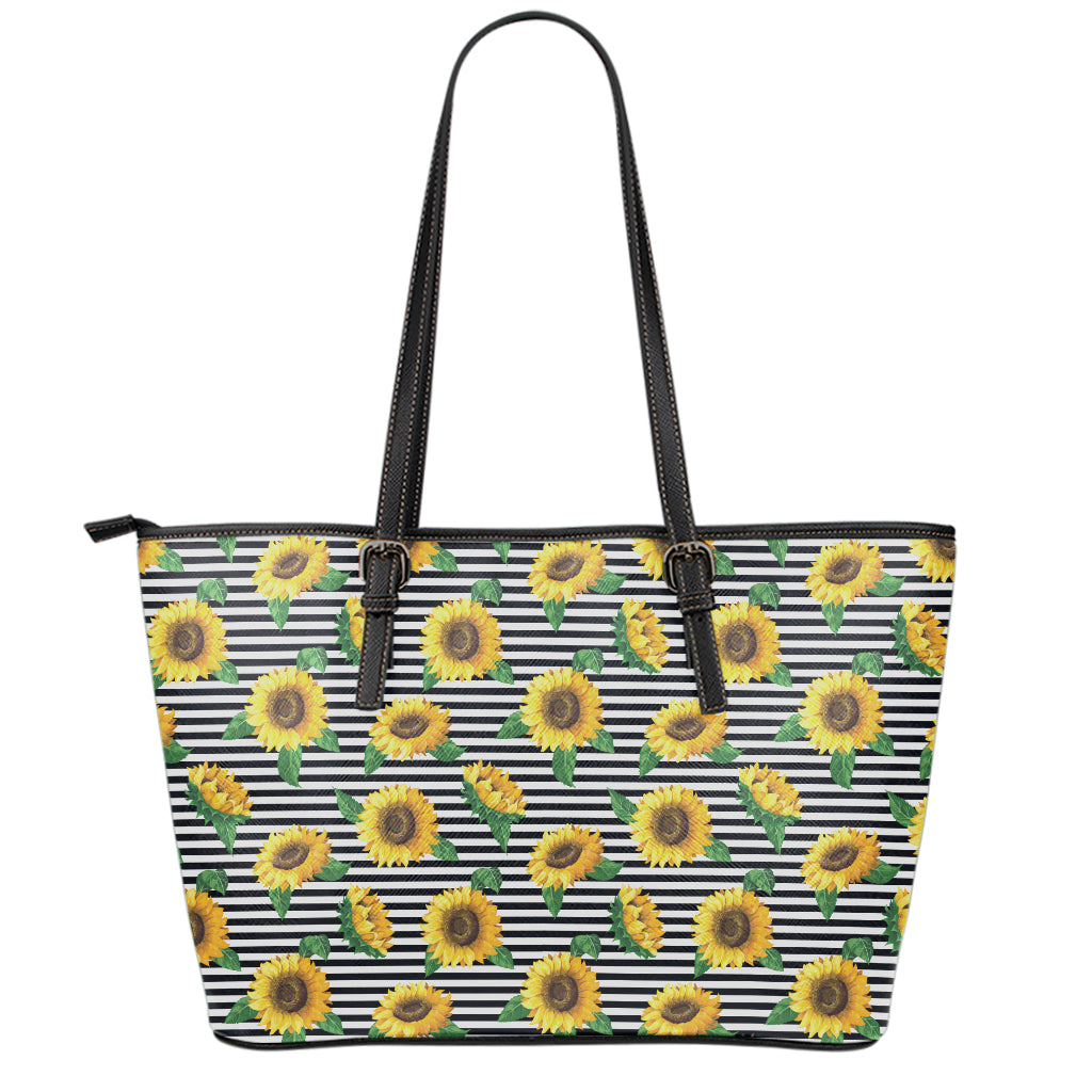 Stripe Sunflower Pattern Print Leather Tote Bag