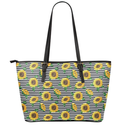 Stripe Sunflower Pattern Print Leather Tote Bag