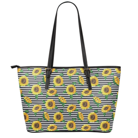 Stripe Sunflower Pattern Print Leather Tote Bag