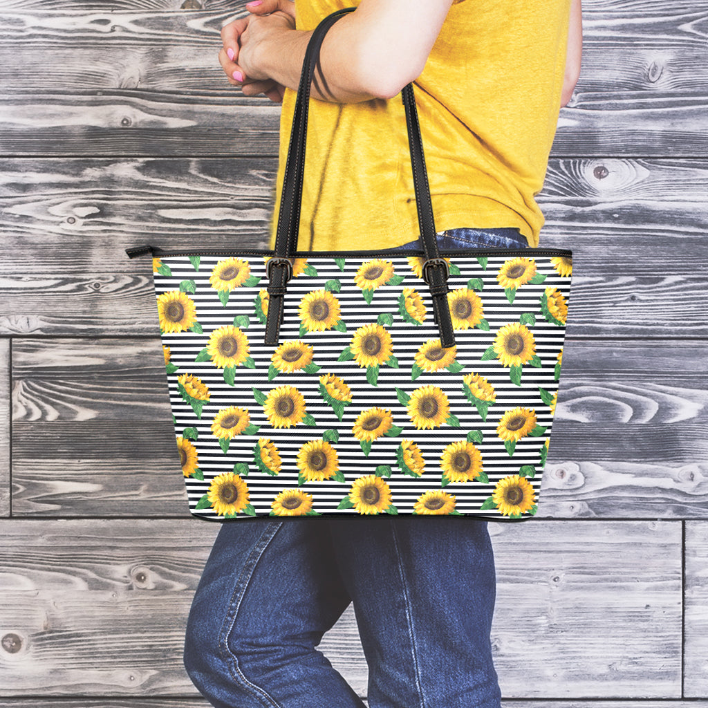 Stripe Sunflower Pattern Print Leather Tote Bag