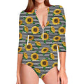 Stripe Sunflower Pattern Print Long Sleeve Swimsuit