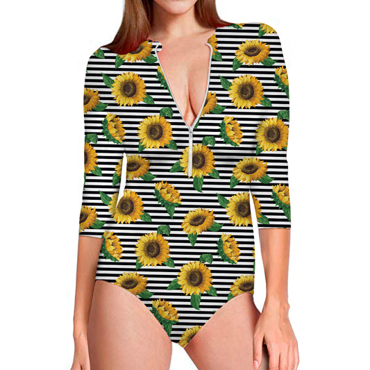 Stripe Sunflower Pattern Print Long Sleeve Swimsuit