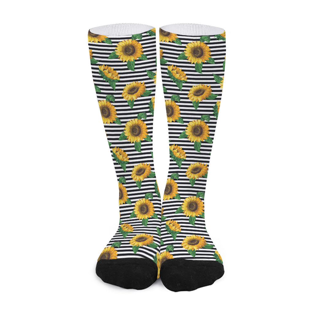 Stripe Sunflower Pattern Print Long Socks