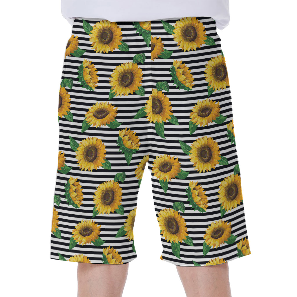 Stripe Sunflower Pattern Print Men's Beach Shorts