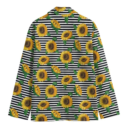 Stripe Sunflower Pattern Print Men's Blazer