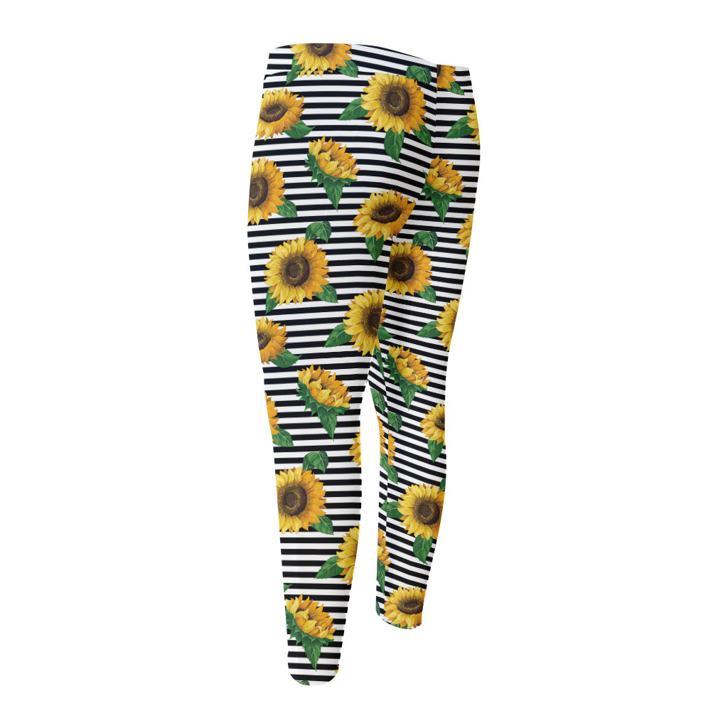 Stripe Sunflower Pattern Print Men's Compression Pants