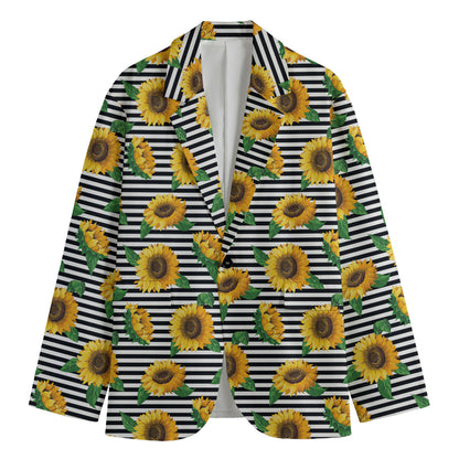 Stripe Sunflower Pattern Print Men's Cotton Blazer