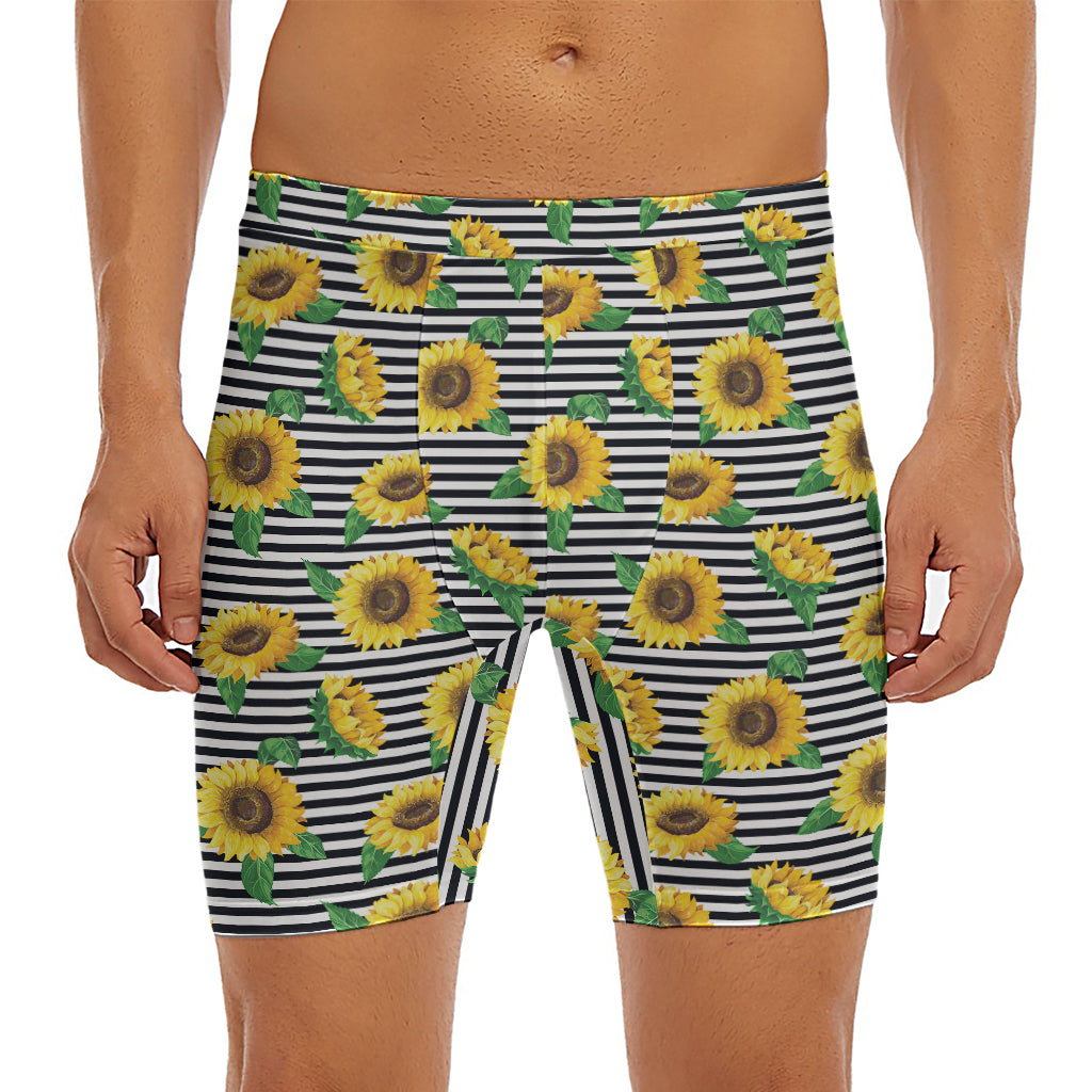 Stripe Sunflower Pattern Print Men's Long Boxer Briefs