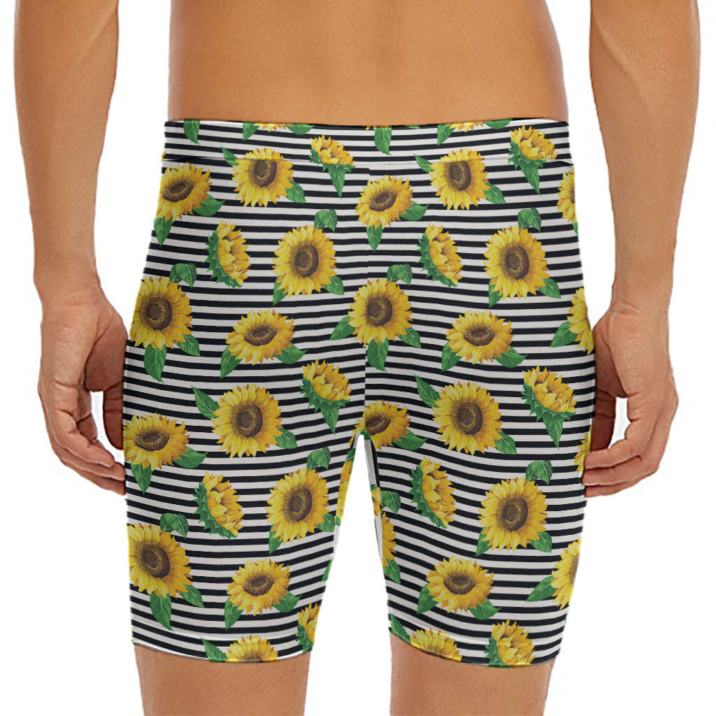 Stripe Sunflower Pattern Print Men's Long Boxer Briefs