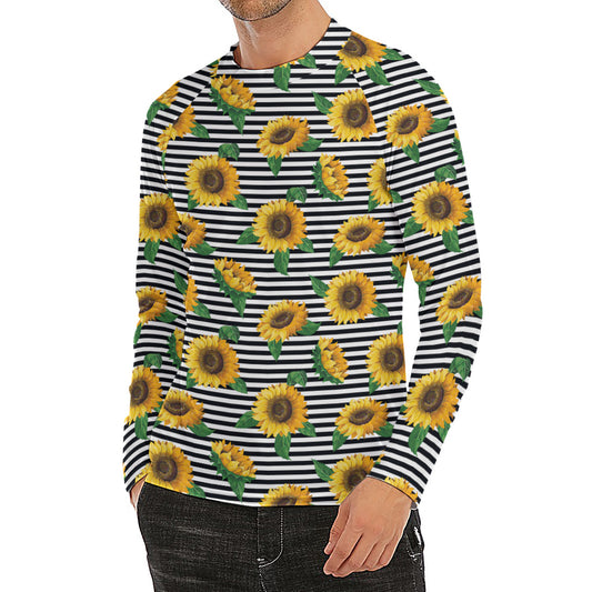 Stripe Sunflower Pattern Print Men's Long Sleeve Rash Guard