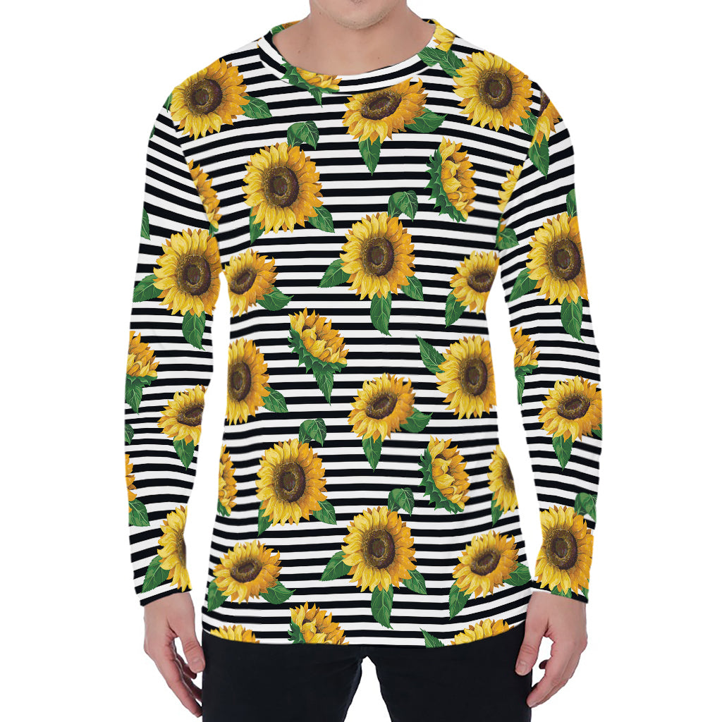 Stripe Sunflower Pattern Print Men's Long Sleeve T-Shirt