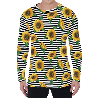 Stripe Sunflower Pattern Print Men's Long Sleeve T-Shirt