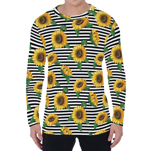 Stripe Sunflower Pattern Print Men's Long Sleeve T-Shirt