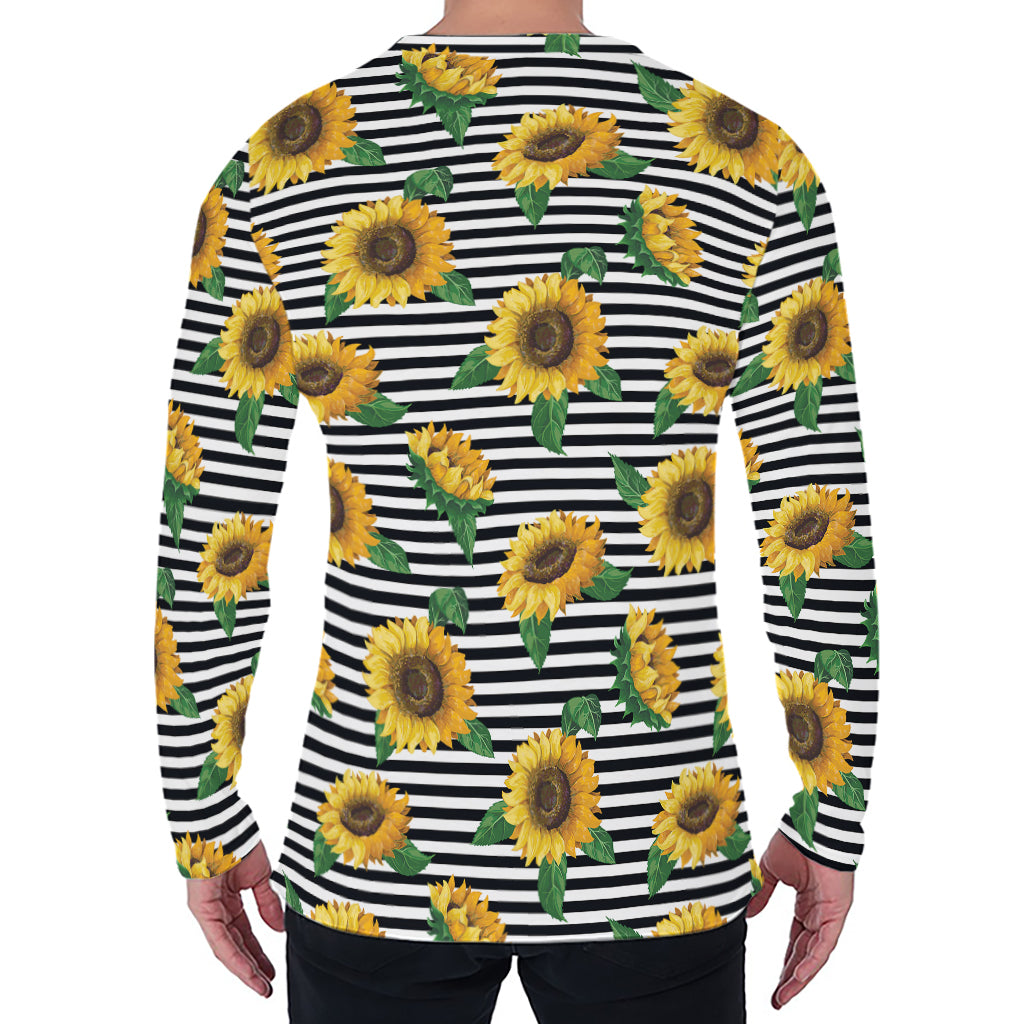 Stripe Sunflower Pattern Print Men's Long Sleeve T-Shirt