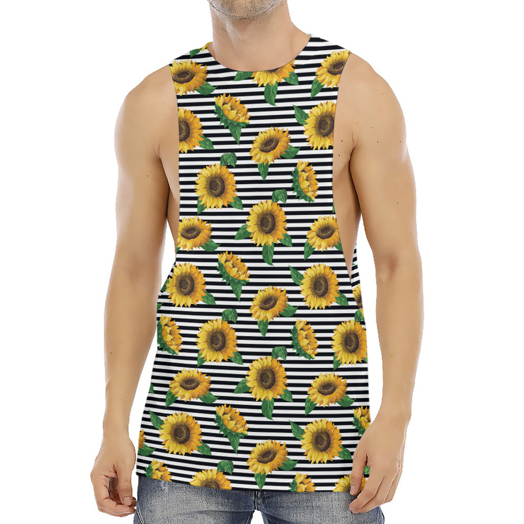 Stripe Sunflower Pattern Print Men's Muscle Tank Top