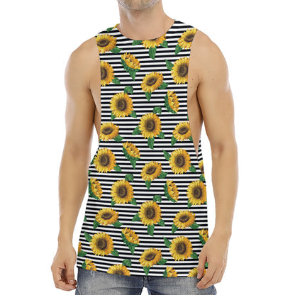 Stripe Sunflower Pattern Print Men's Muscle Tank Top