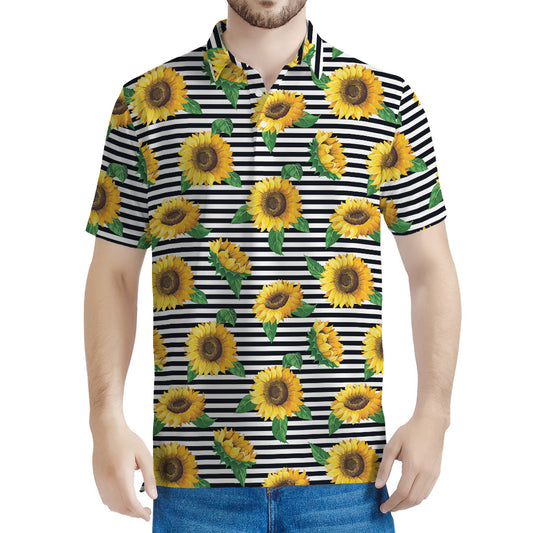 Stripe Sunflower Pattern Print Men's Polo Shirt
