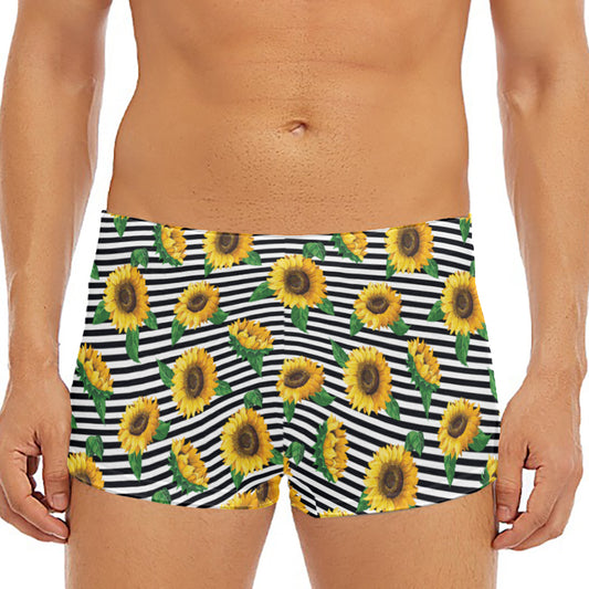 Stripe Sunflower Pattern Print Men's Short Boxer Briefs