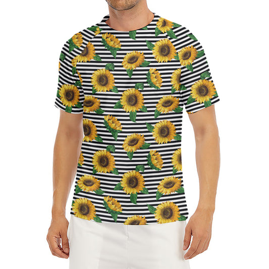 Stripe Sunflower Pattern Print Men's Short Sleeve Rash Guard