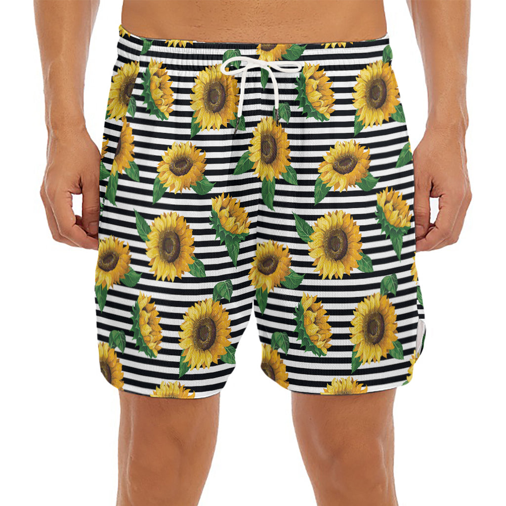 Stripe Sunflower Pattern Print Men's Split Running Shorts
