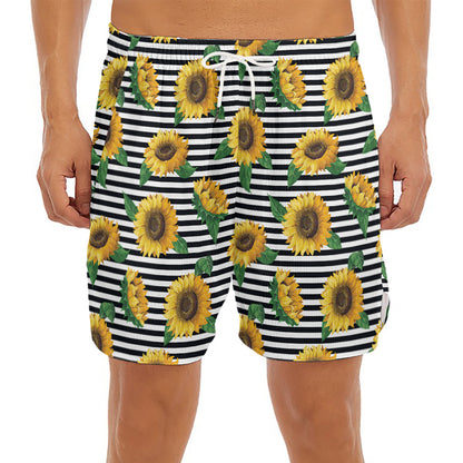 Stripe Sunflower Pattern Print Men's Split Running Shorts