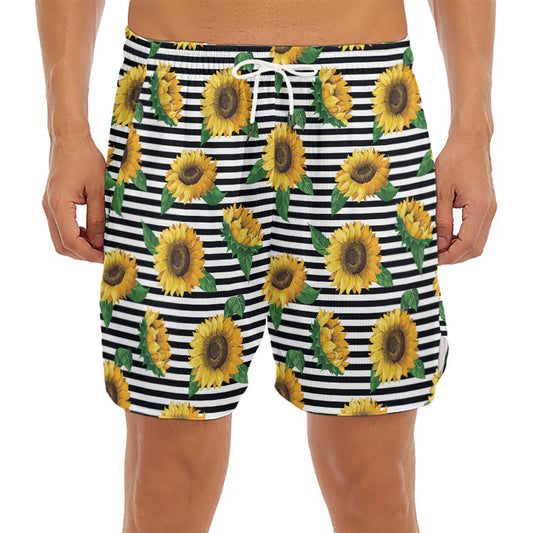Stripe Sunflower Pattern Print Men's Split Running Shorts