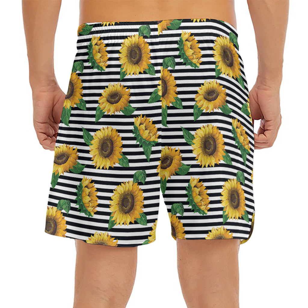 Stripe Sunflower Pattern Print Men's Split Running Shorts
