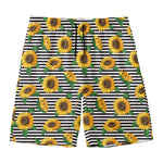Stripe Sunflower Pattern Print Men's Swim Trunks