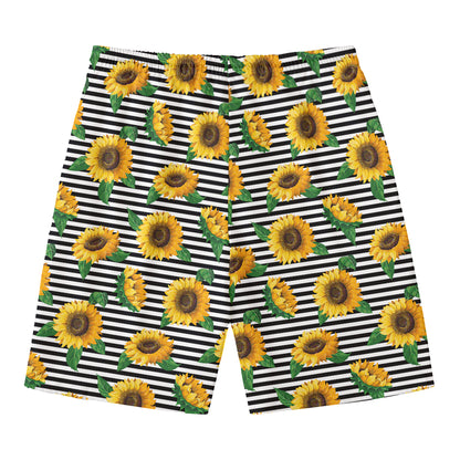 Stripe Sunflower Pattern Print Men's Swim Trunks