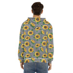 Stripe Sunflower Pattern Print Men's Velvet Pullover Hoodie