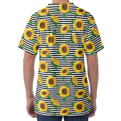 Stripe Sunflower Pattern Print Men's Velvet T-Shirt