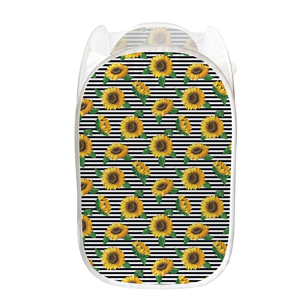Stripe Sunflower Pattern Print Mesh Laundry Hamper