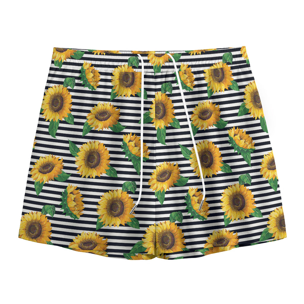 Stripe Sunflower Pattern Print Mesh Shorts