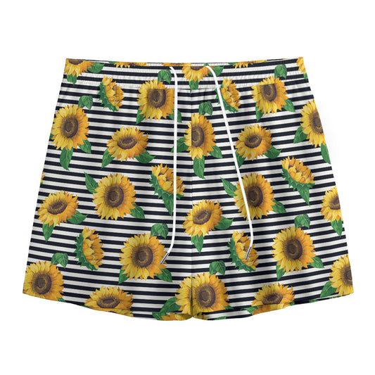 Stripe Sunflower Pattern Print Mesh Shorts