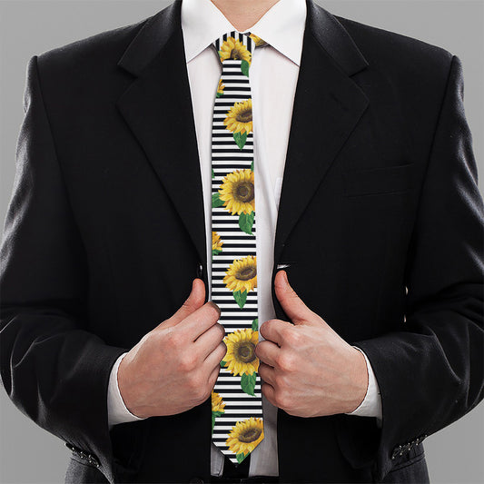 Stripe Sunflower Pattern Print Necktie